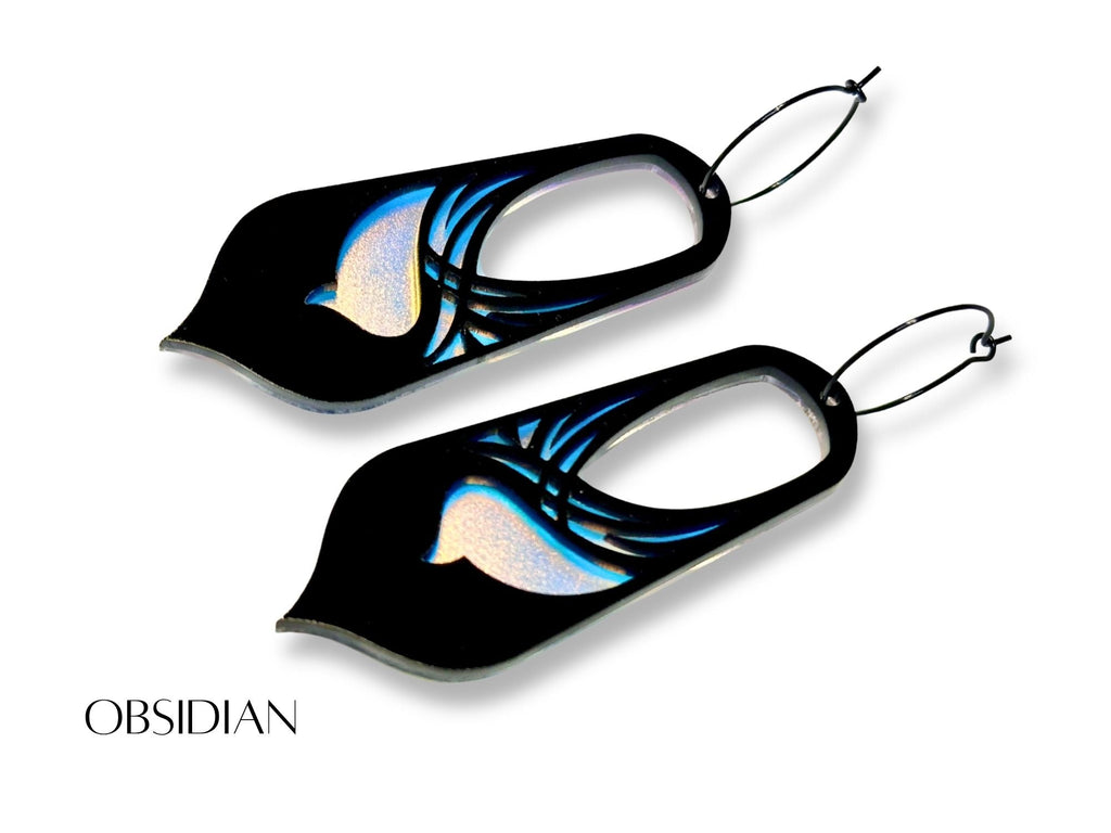 Black and blue iridescent Obsidian Bronwyn statement earrings on white background