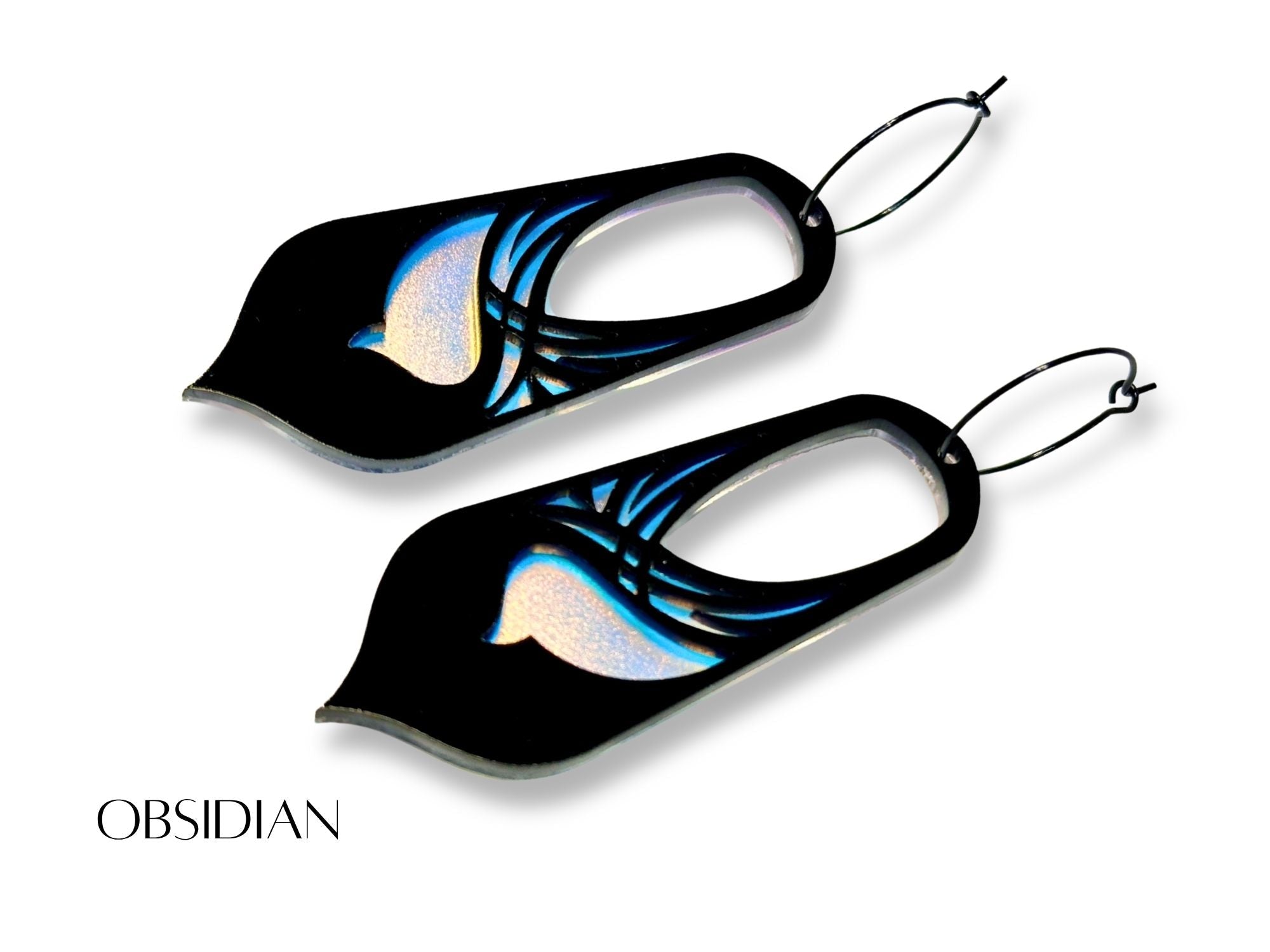Black and blue iridescent Obsidian Bronwyn statement earrings on white background