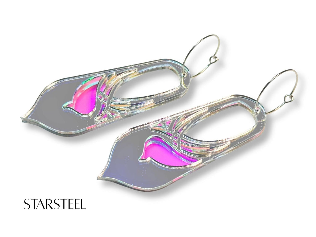 Silver mirror and pink iridescent Starsteel Bronwyn statement earrings on white background