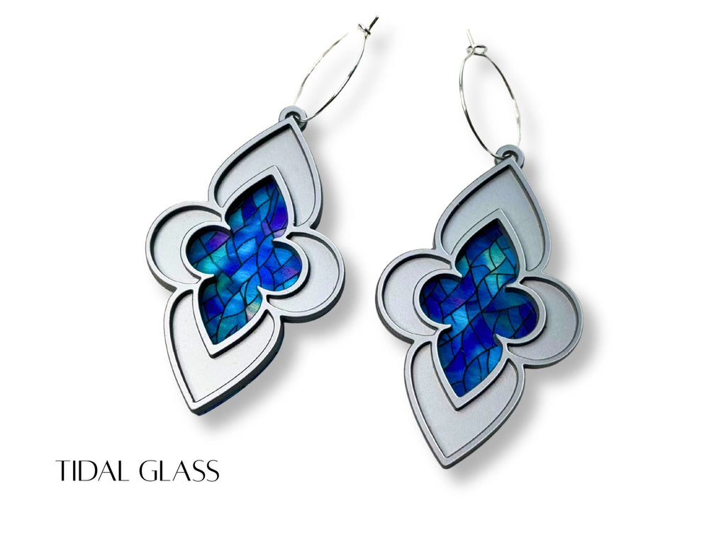 Tidal Glass blue stained glass cathedral earrings on white background