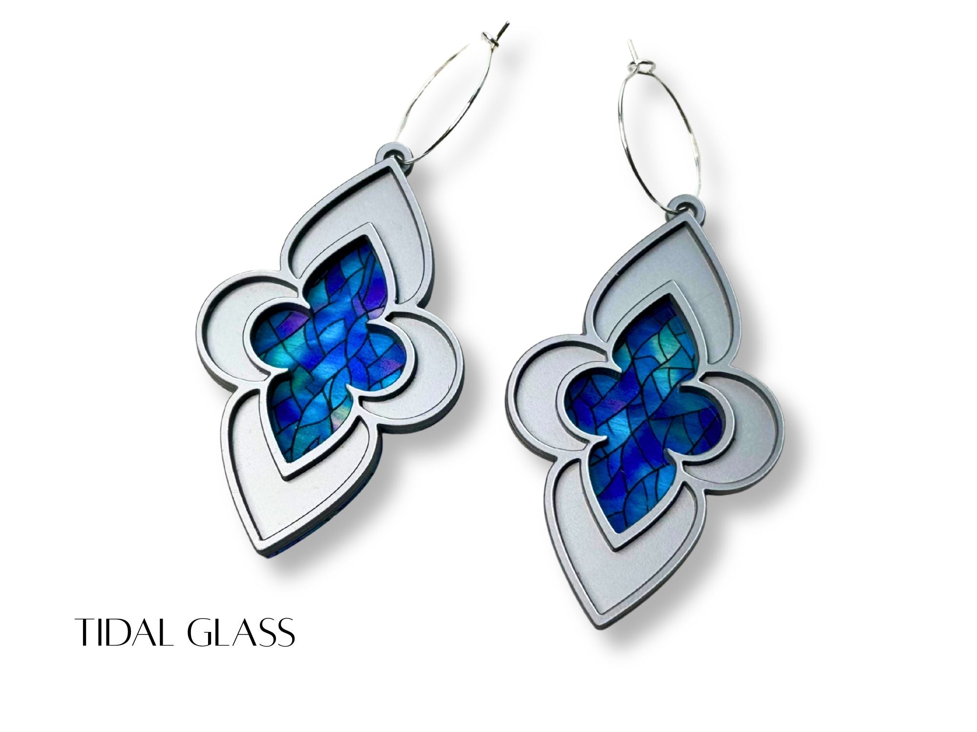 Tidal Glass blue stained glass cathedral earrings on white background