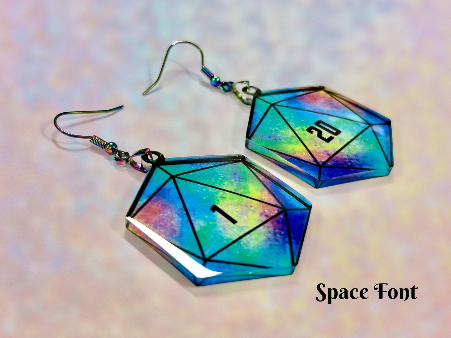 Colorful D20 Dice Earrings | Psychedelic Rainbow Galaxy Design - Painted Raina