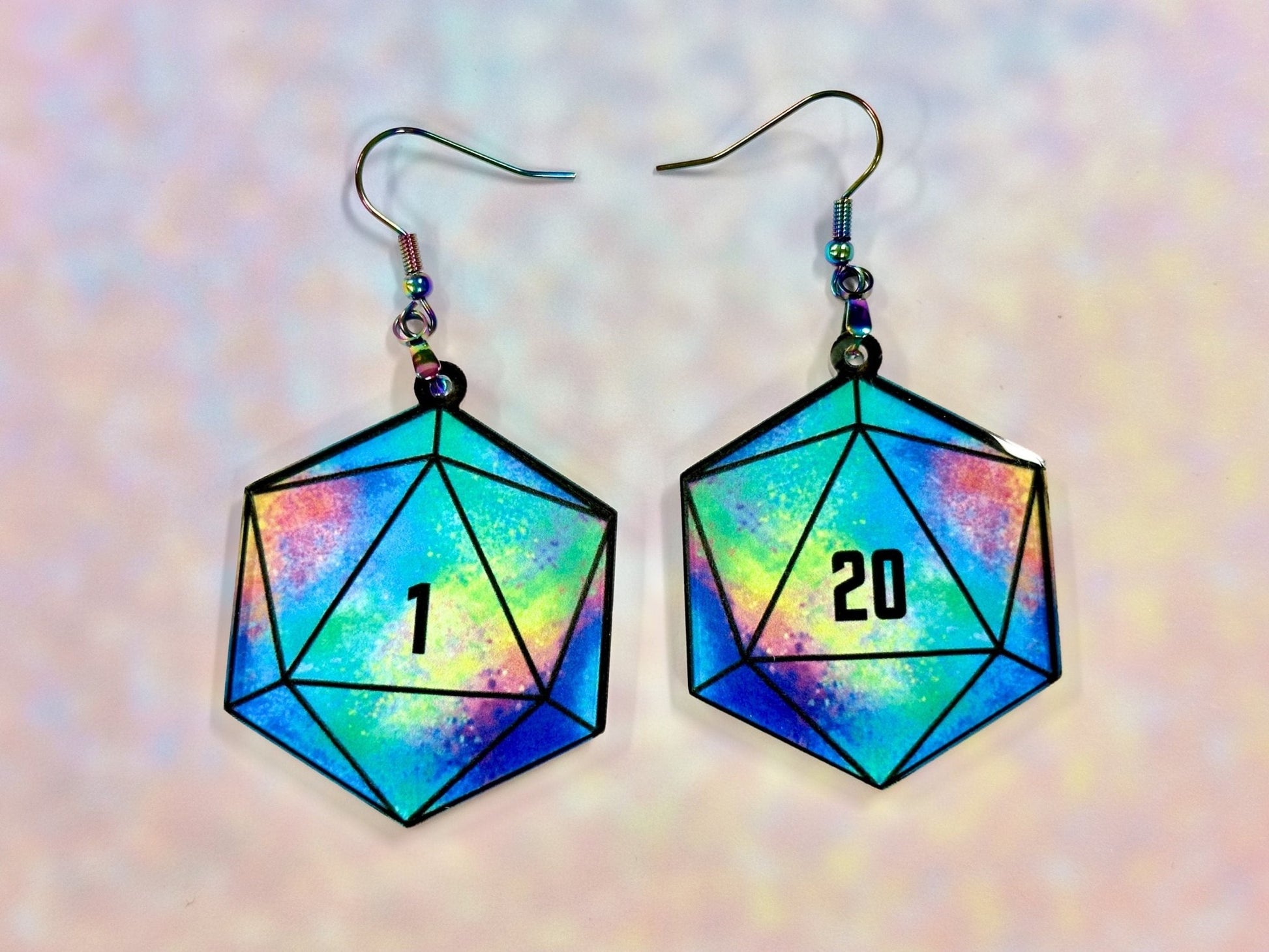 Colorful D20 Dice Earrings | Psychedelic Rainbow Galaxy Design - Painted Raina