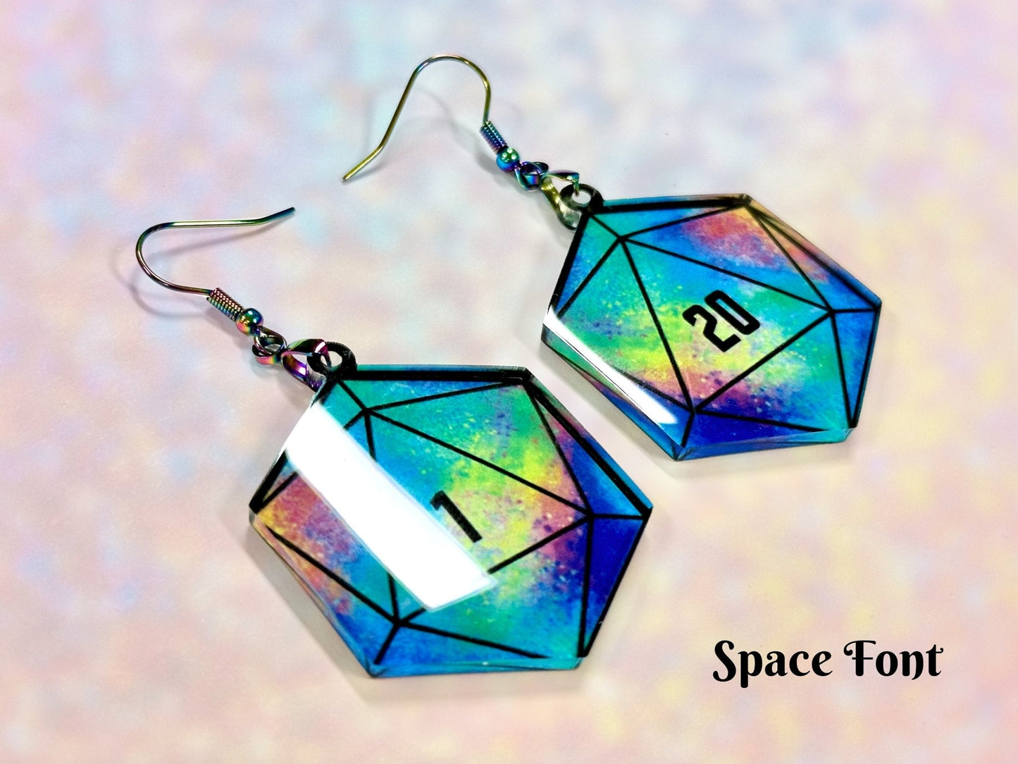 Colorful D20 Dice Earrings | Psychedelic Rainbow Galaxy Design - Painted Raina