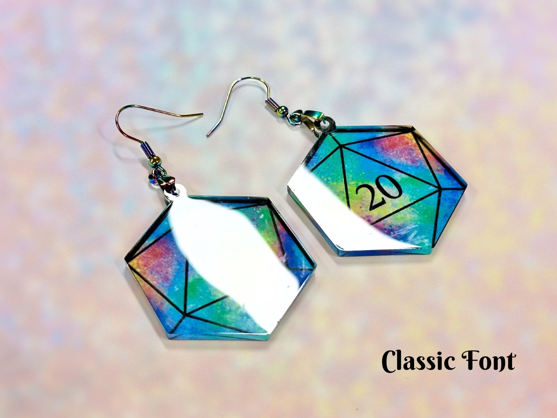 Colorful D20 Dice Earrings | Psychedelic Rainbow Galaxy Design - Painted Raina