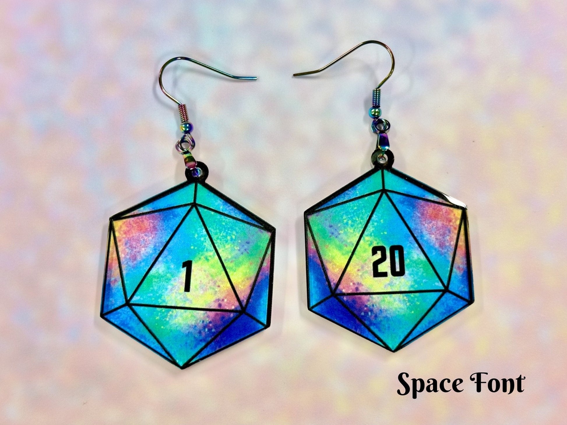 Colorful D20 Dice Earrings | Psychedelic Rainbow Galaxy Design - Painted Raina