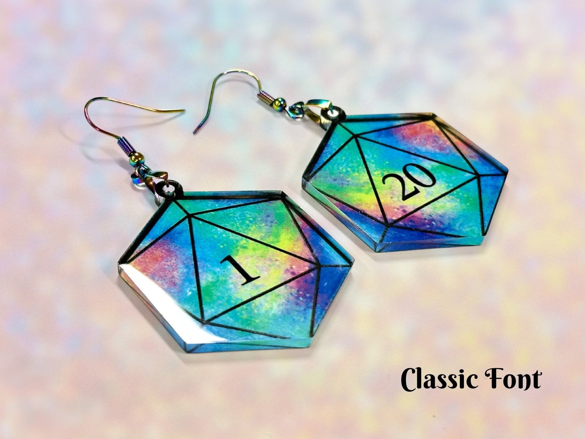 Colorful D20 Dice Earrings | Psychedelic Rainbow Galaxy Design - Painted Raina