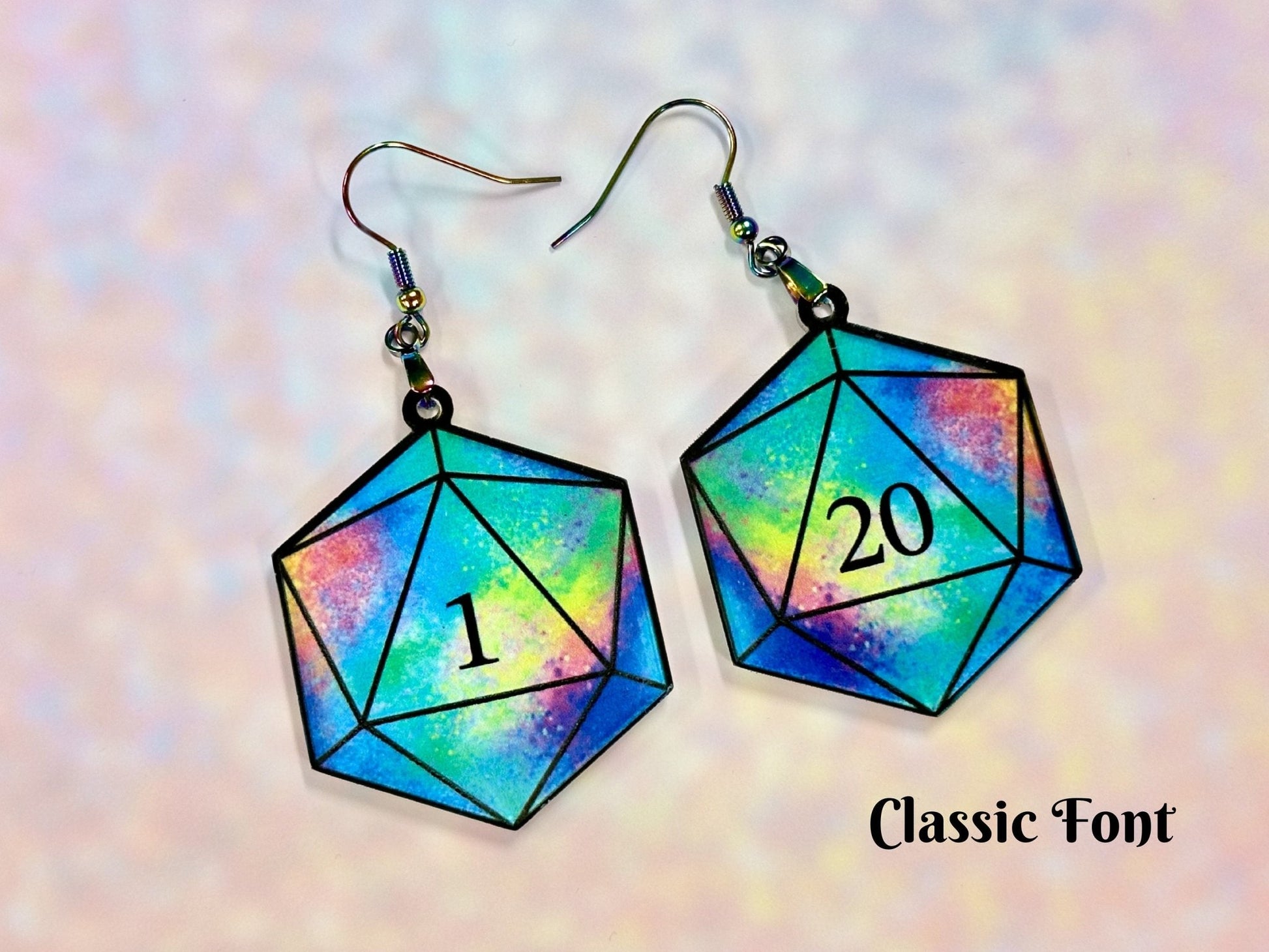 Colorful D20 Dice Earrings | Psychedelic Rainbow Galaxy Design - Painted Raina