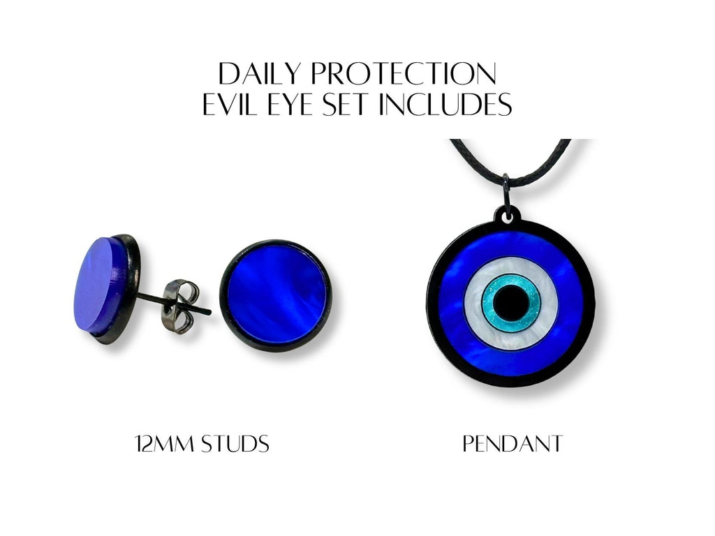 evil eye daily protection set styled flatlay iridescent acrylic talisman jewelry aesthetic