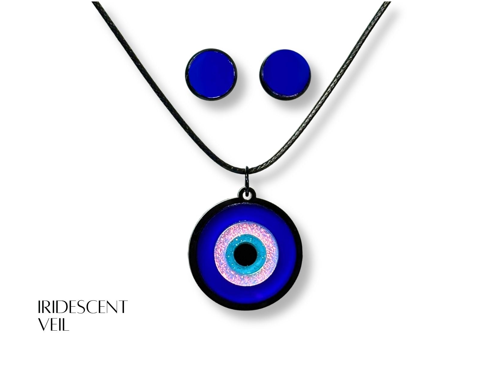 layered acrylic evil eye necklace and earrings set lightweight daily statement jewelry design blue iridescent black