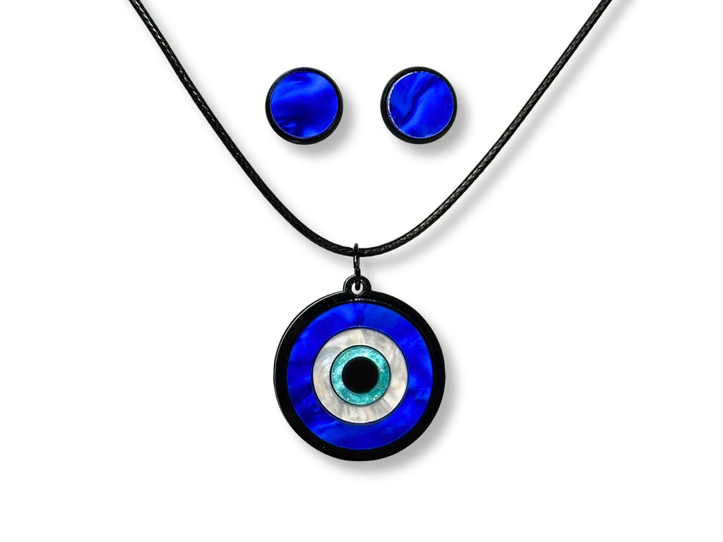 evil eye daily protection jewelry set necklace and earrings layered acrylic talisman design blue white black