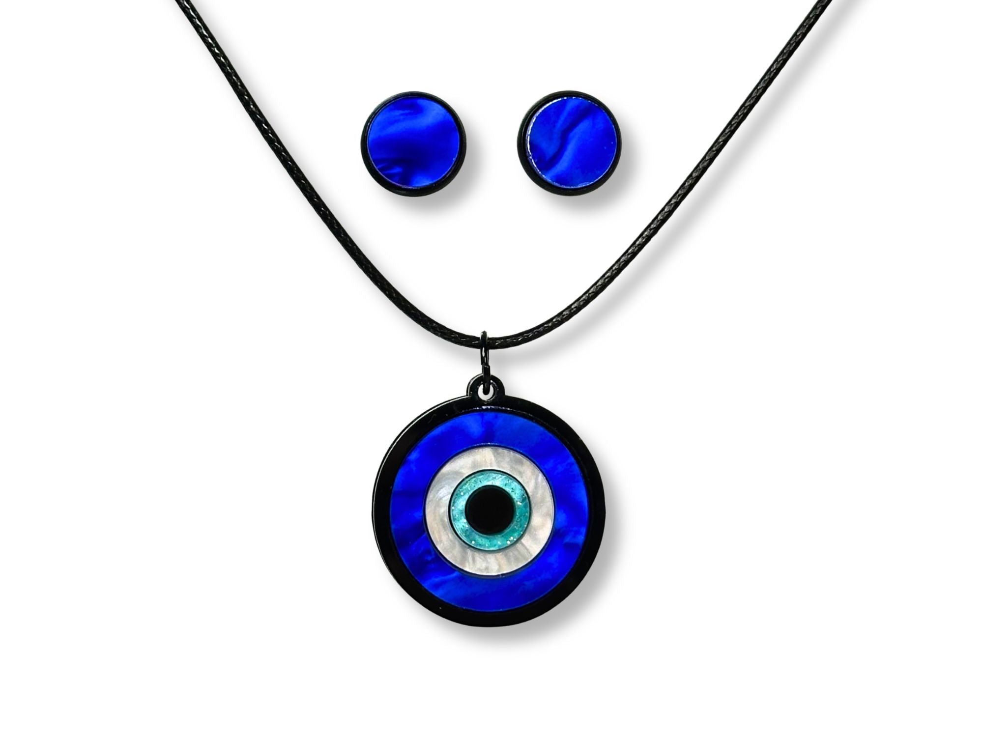 evil eye daily protection jewelry set necklace and earrings layered acrylic talisman design blue white black