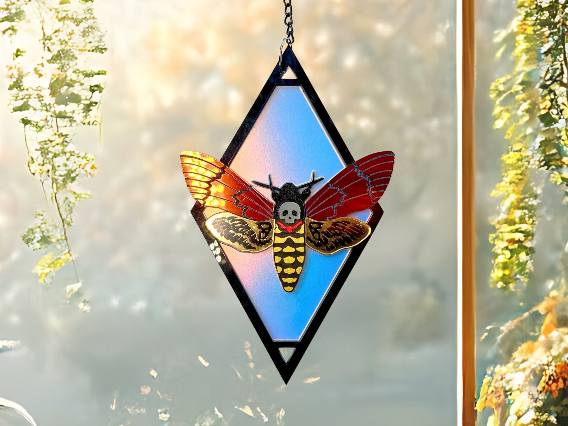 Deaths Head Moth Suncatcher | Black or Gold Frame - Painted Raina