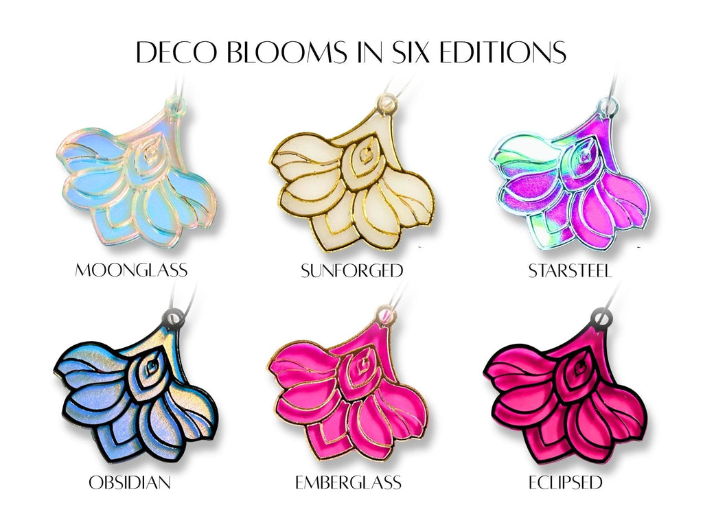 Deco Bloom earrings shown in six collectible editions: Moonglass, Sunforged, Starsteel, Obsidian, Emberglass, and Eclipsed