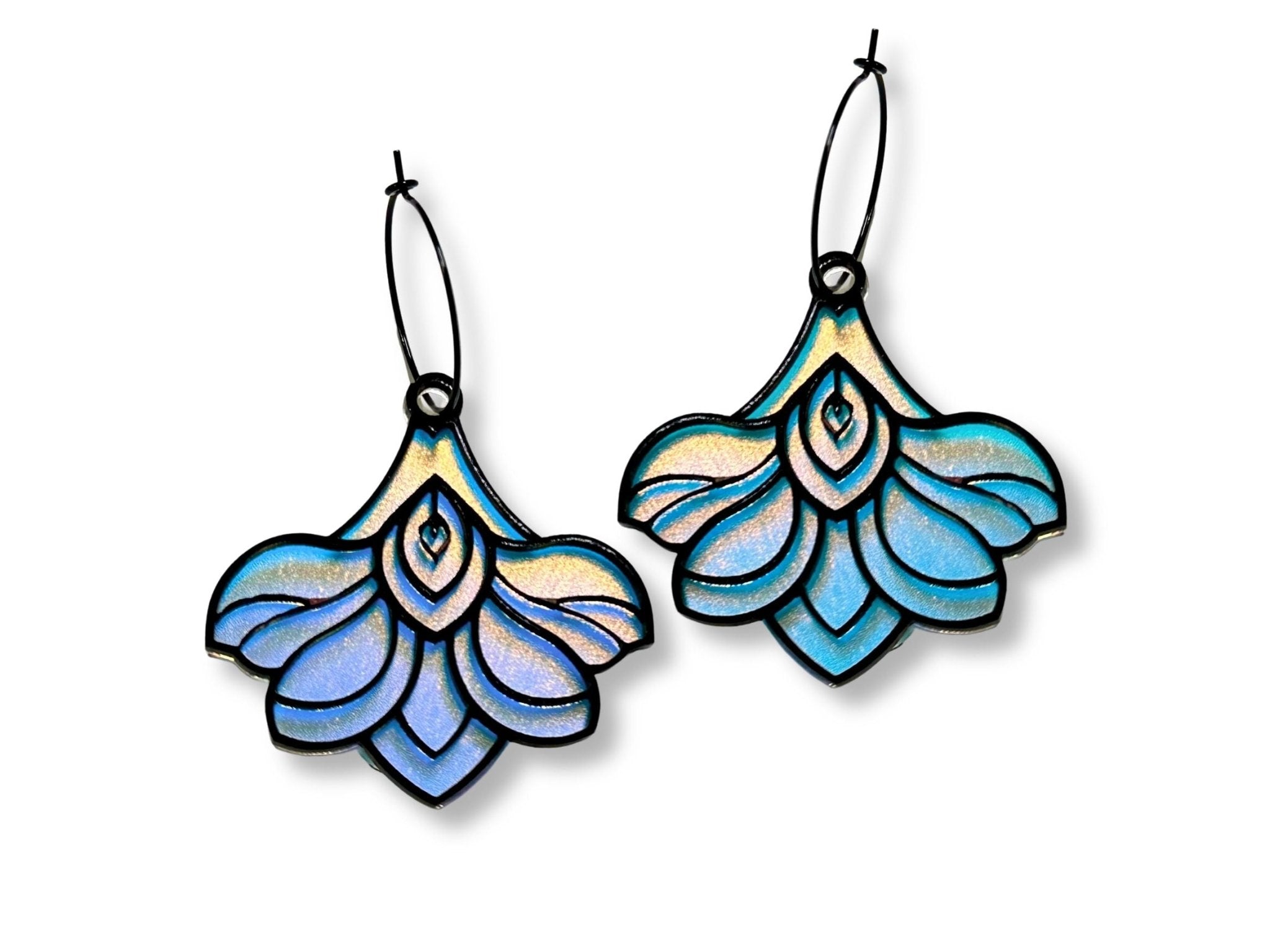 Blue Art Deco floral acrylic earrings in Obsidian edition on white background