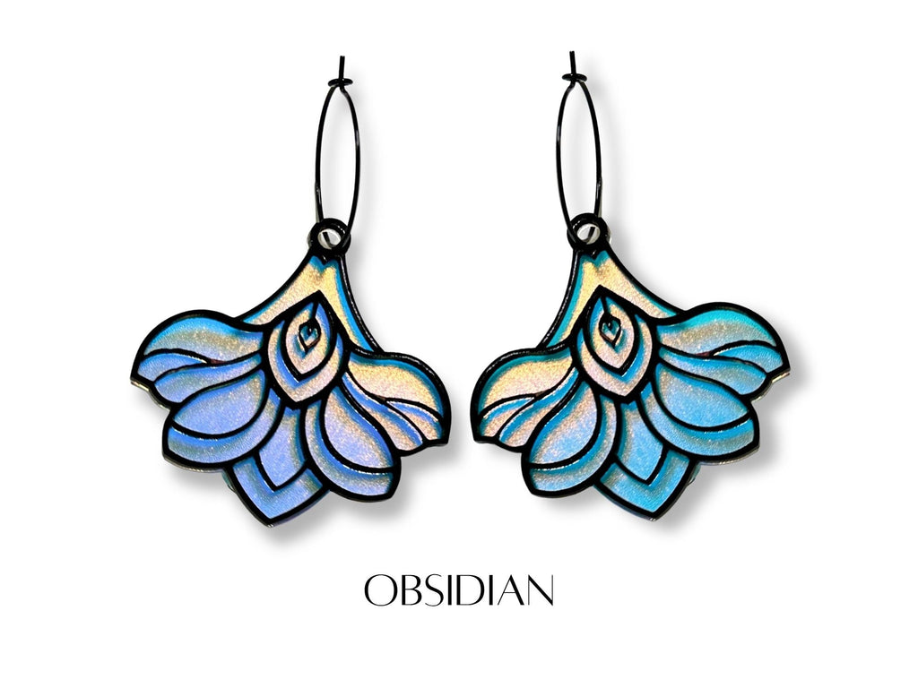 Obsidian edition Deco Bloom earrings with black detailing and blue iridescent acrylic
