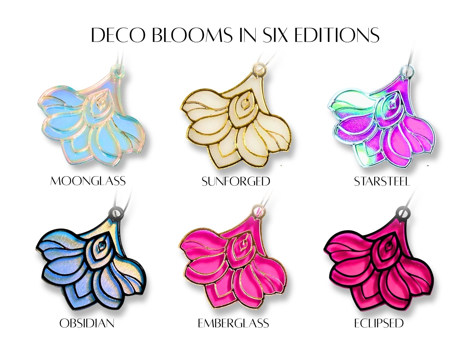 Deco Bloom earrings shown in six collectible editions: Moonglass, Sunforged, Starsteel, Obsidian, Emberglass, and Eclipsed