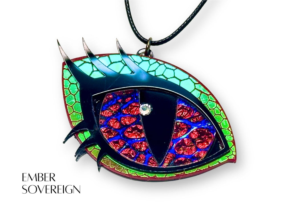 layered acrylic dragon eye necklace dichrolam iris shifting color mythic statement jewelry red blue green details