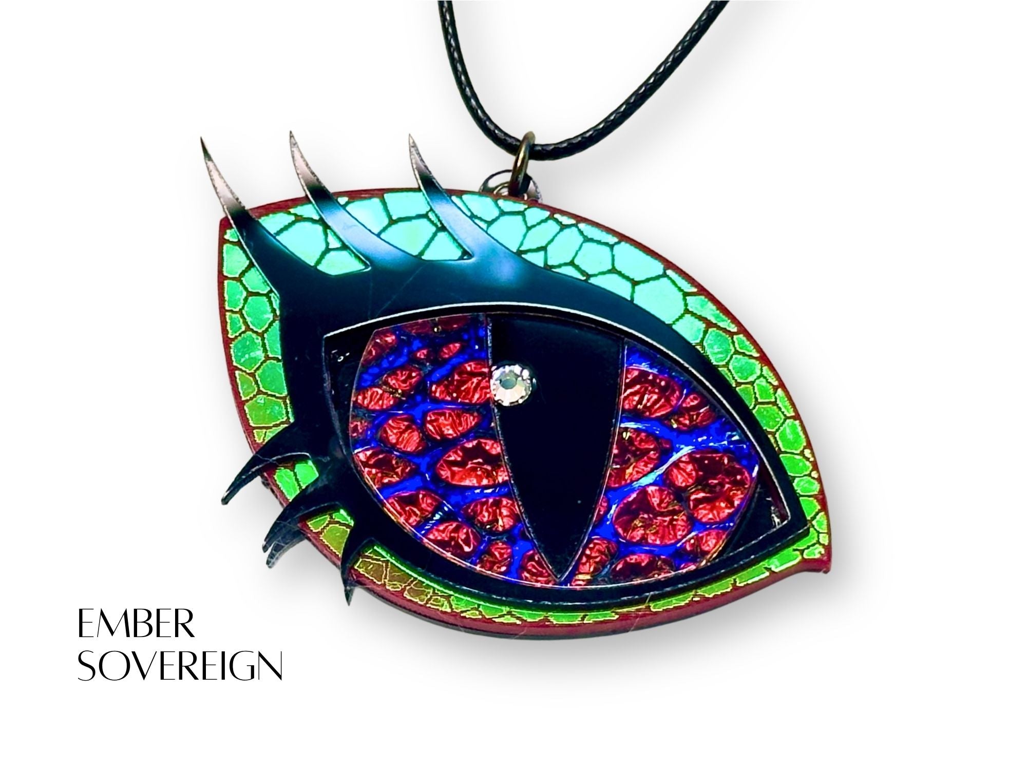 layered acrylic dragon eye necklace dichrolam iris shifting color mythic statement jewelry red blue green details
