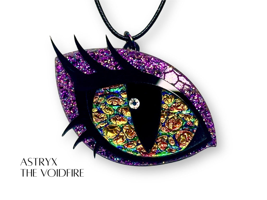 layered acrylic dragon eye necklace dichrolam iris shifting color mythic statement jewelry with purple and gold details