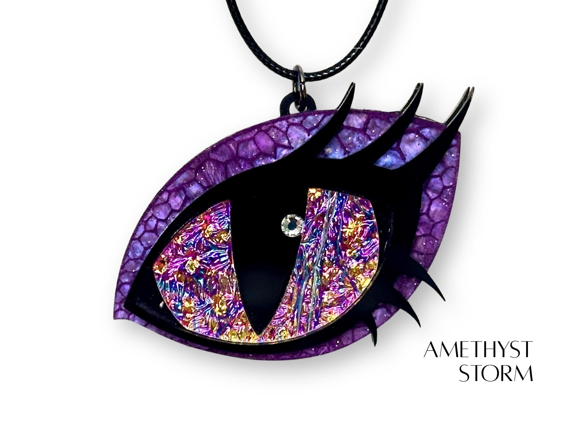 layered acrylic dragon eye necklace dichrolam iris shifting color mythic statement jewelry with black, purple and gold details