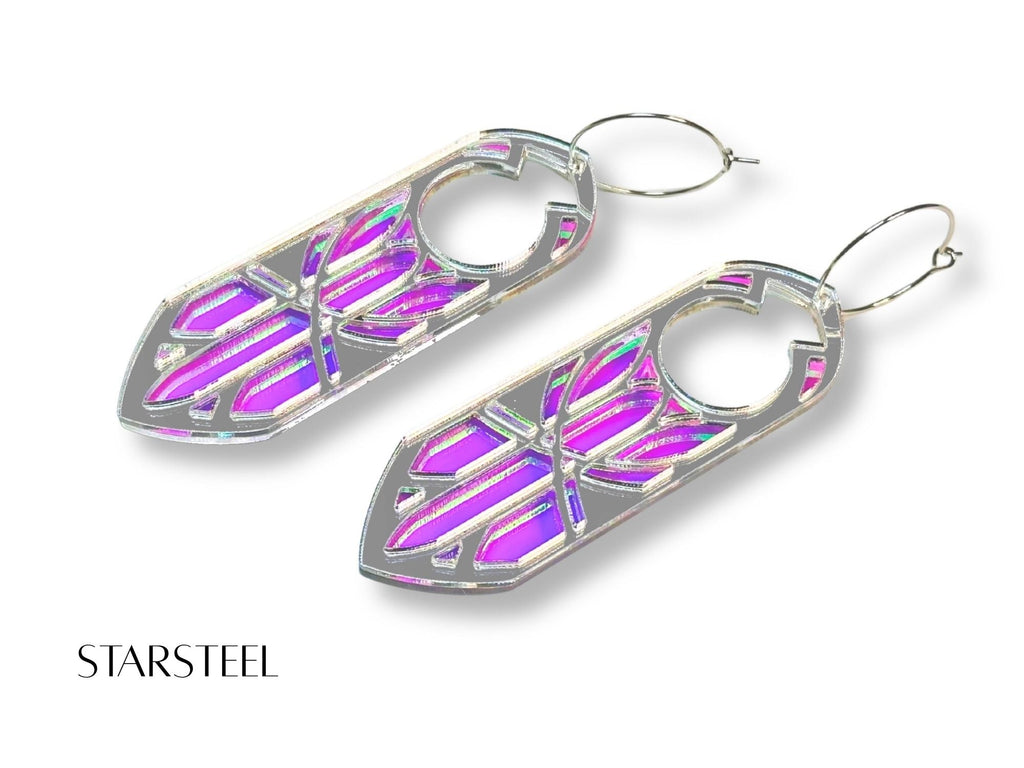 Silver mirror and pink iridescent Starsteel Disa statement earrings on white background