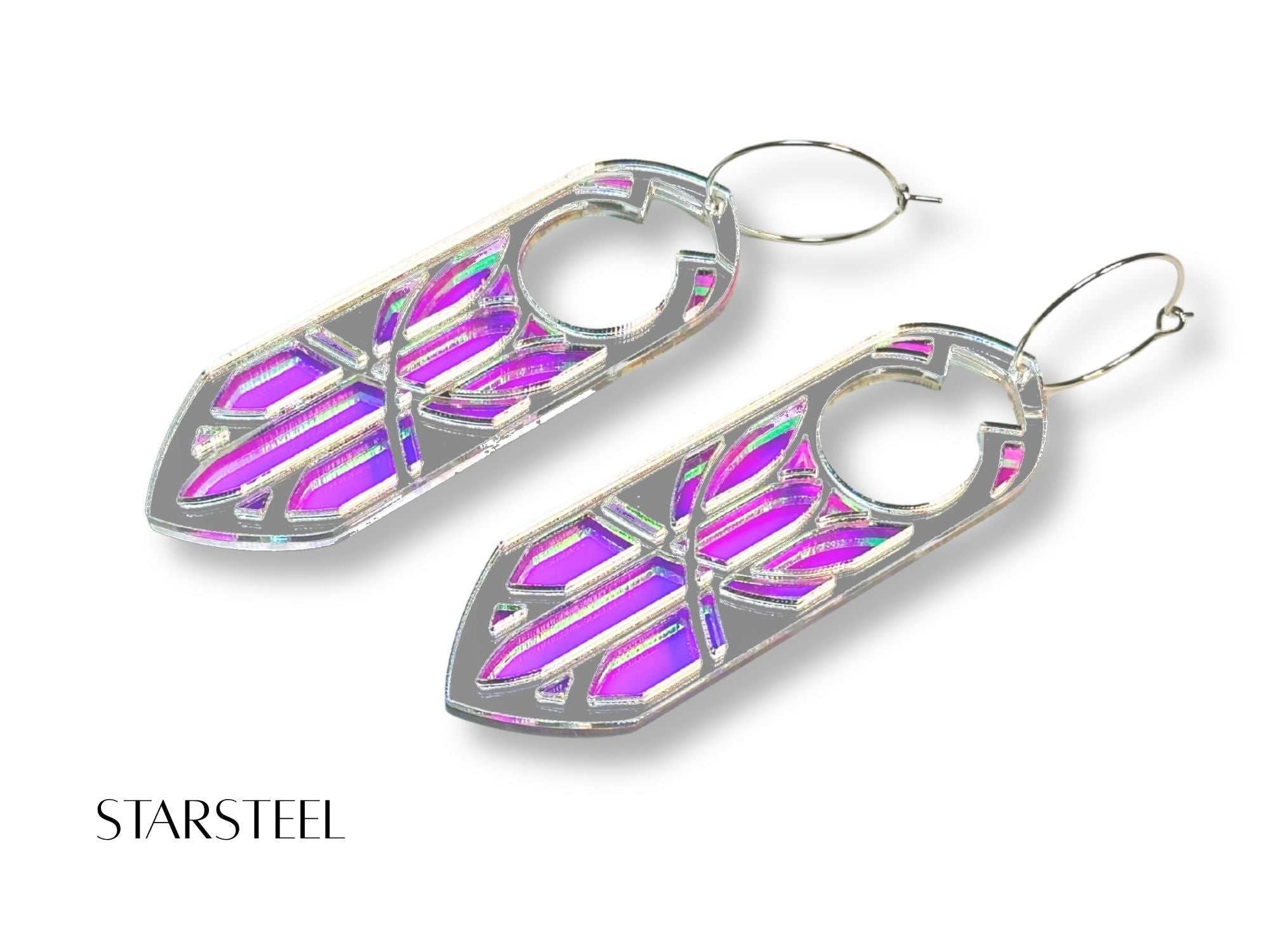 Silver mirror and pink iridescent Starsteel Disa statement earrings on white background