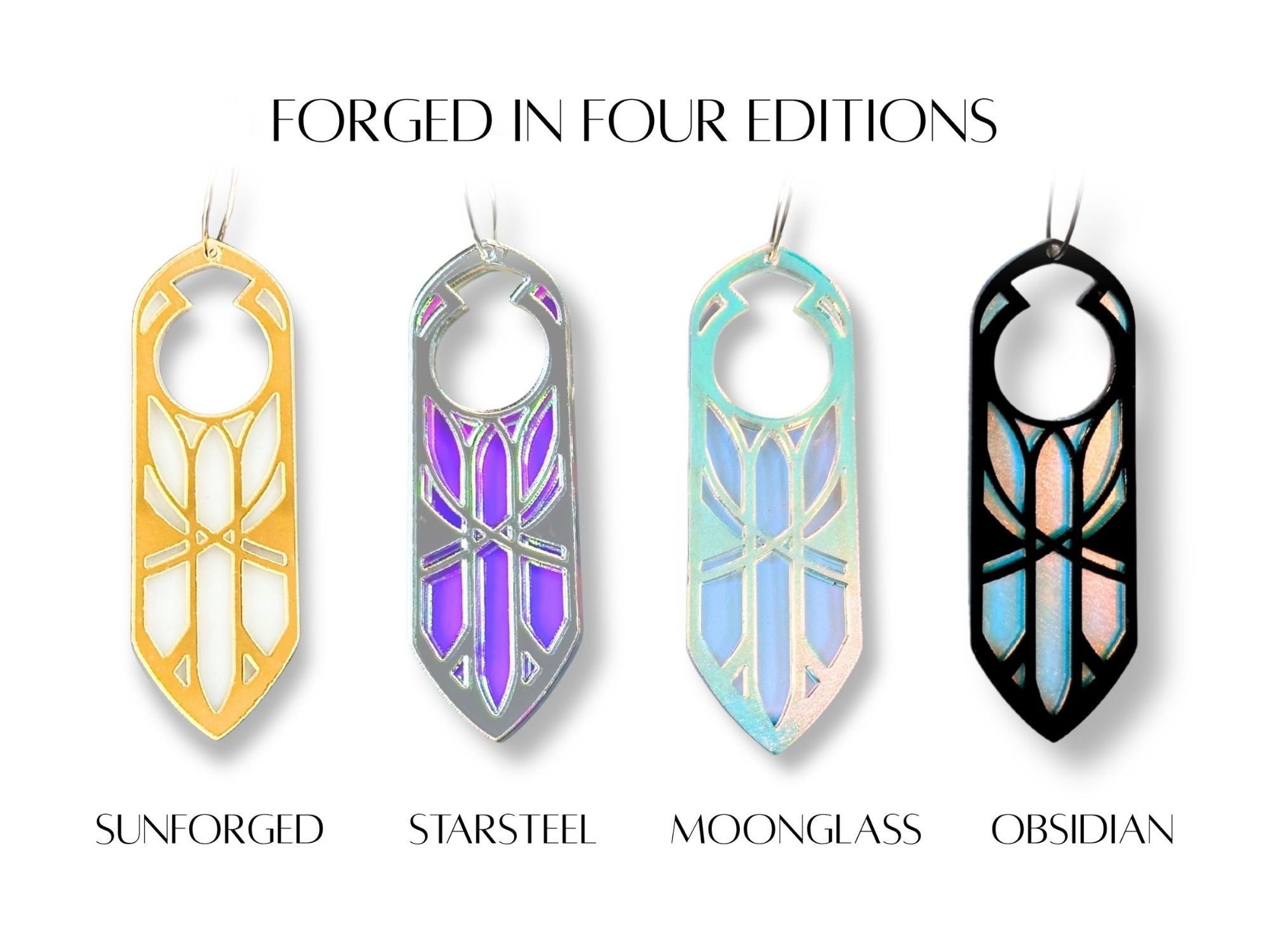 Disa statement earrings shown in four colorways including Sunforged, Starsteel, Moonglass, and Obsidian