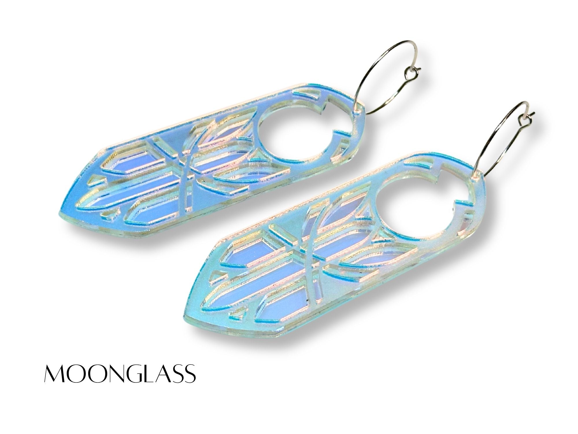 Blue iridescent Moonglass Disa statement earrings on white background