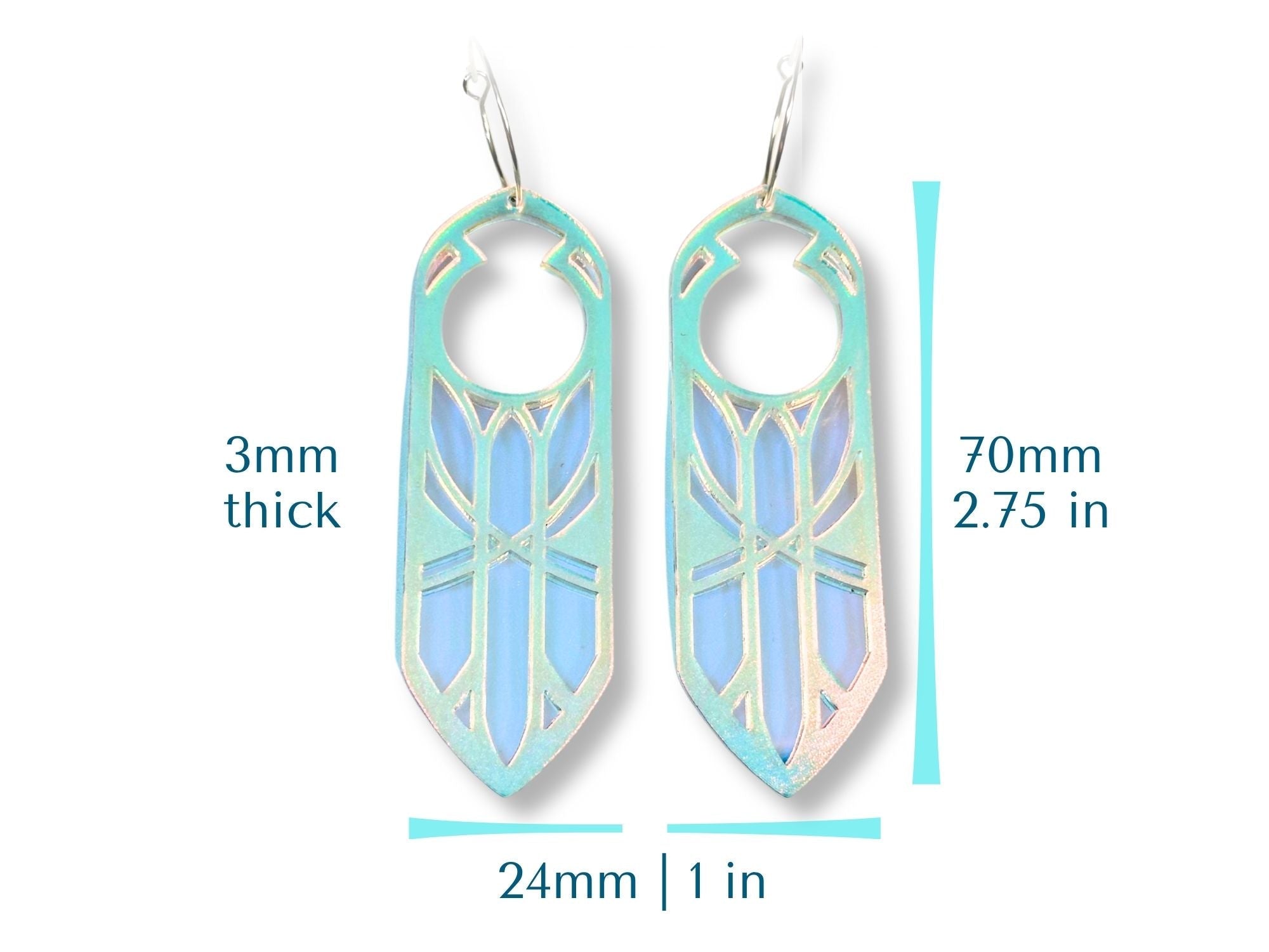 Disa statement earring size chart showing 70mm height and 24mm width dimensions