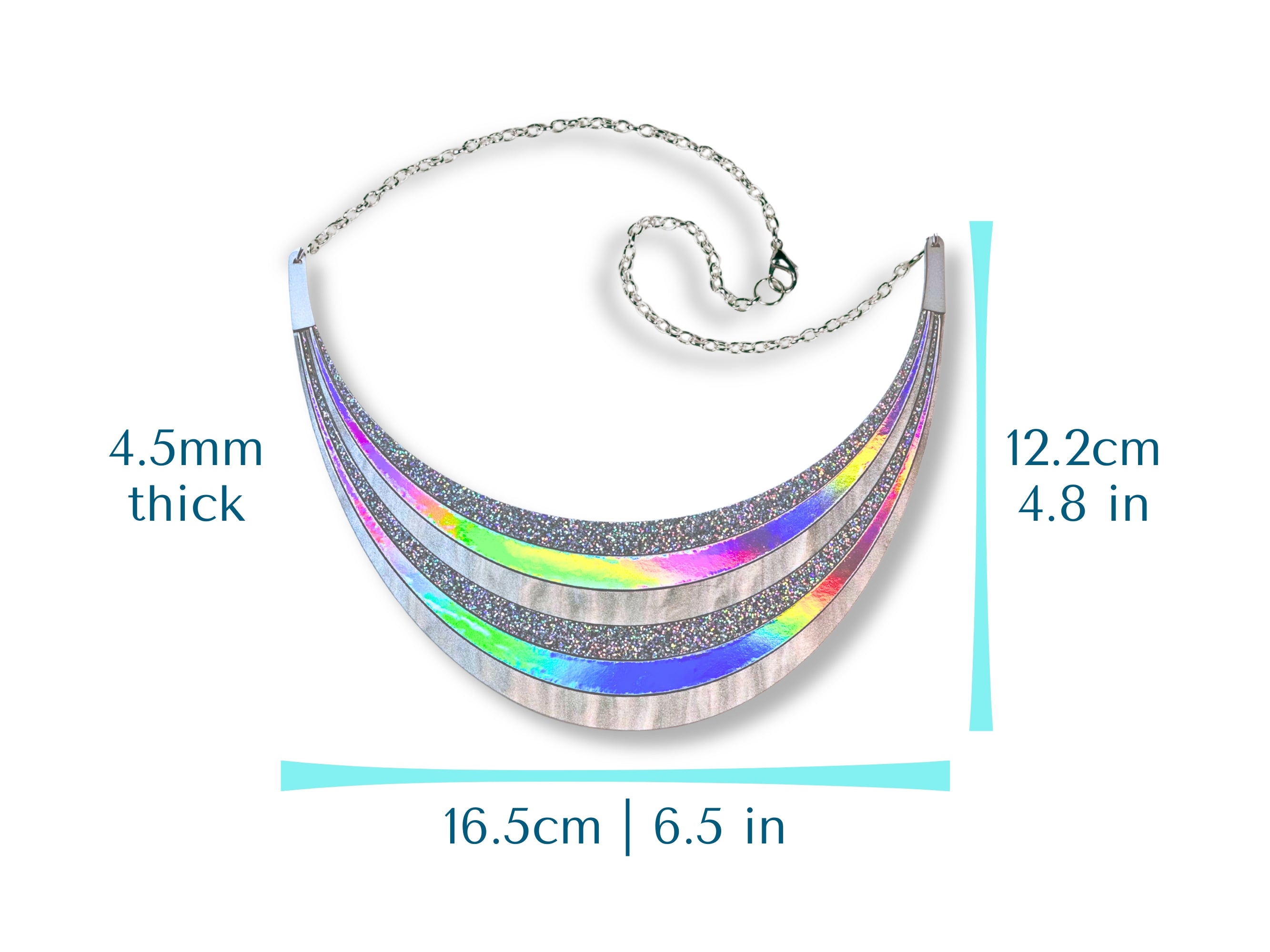 Disco Prism arc statement necklace size guide showing 12.2cm height, 16.5cm width, and 4.5mm thickness.