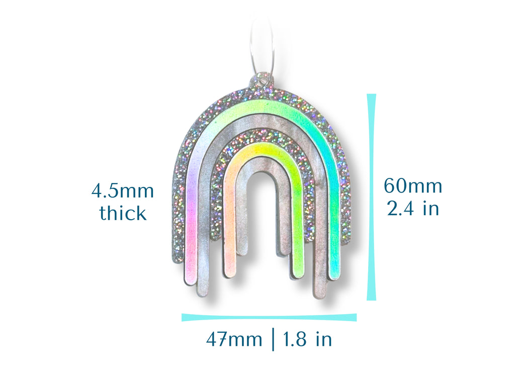 Disco Prism statement earring size guide showing 60mm height, 47mm width, and 4.5mm thickness.