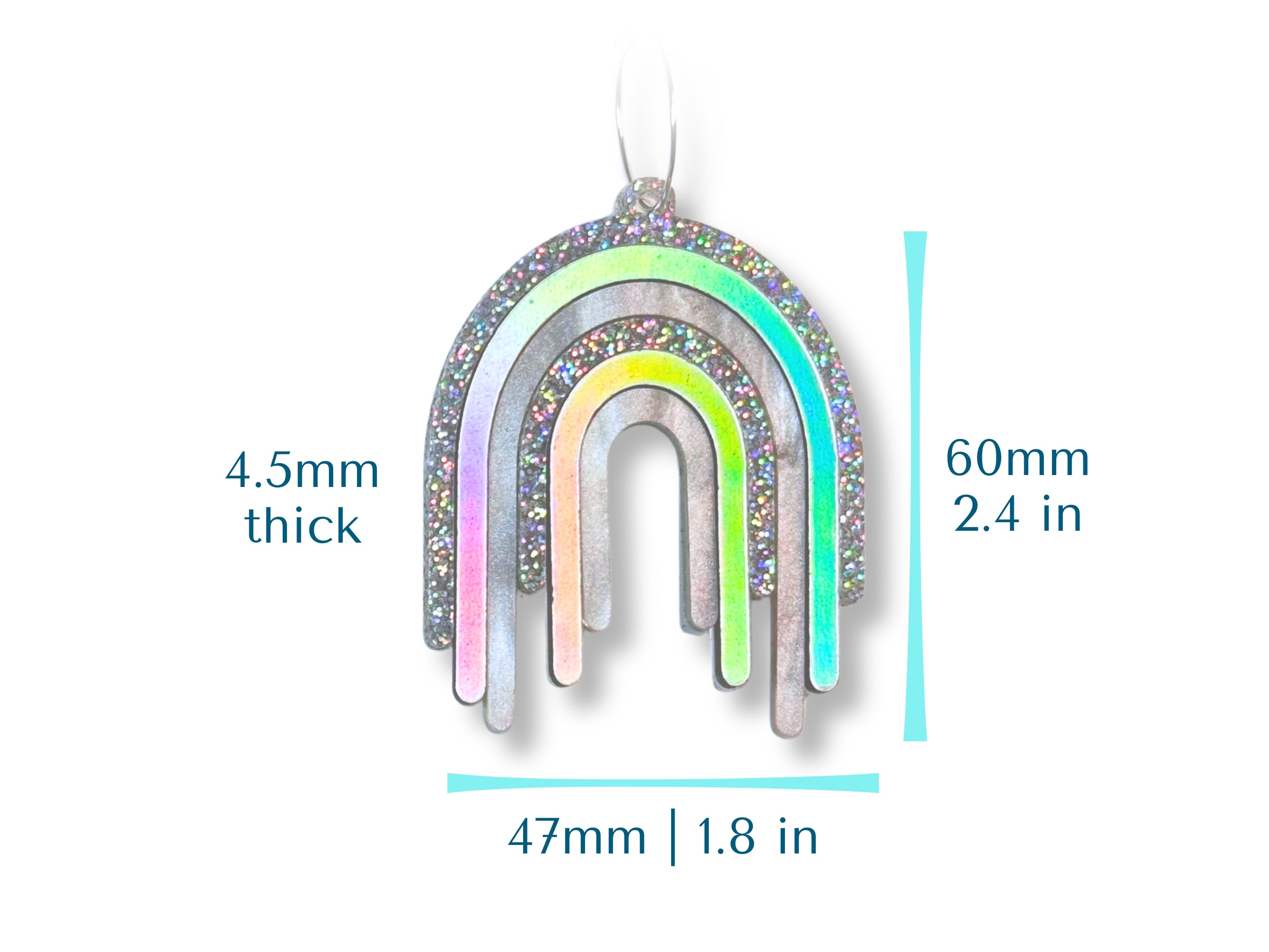 Disco Prism statement earring size guide showing 60mm height, 47mm width, and 4.5mm thickness.