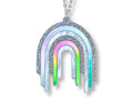 Disco Prism drip pendant necklace with layered silver, holographic glitter and iridescent rainbow arcs on a white background.