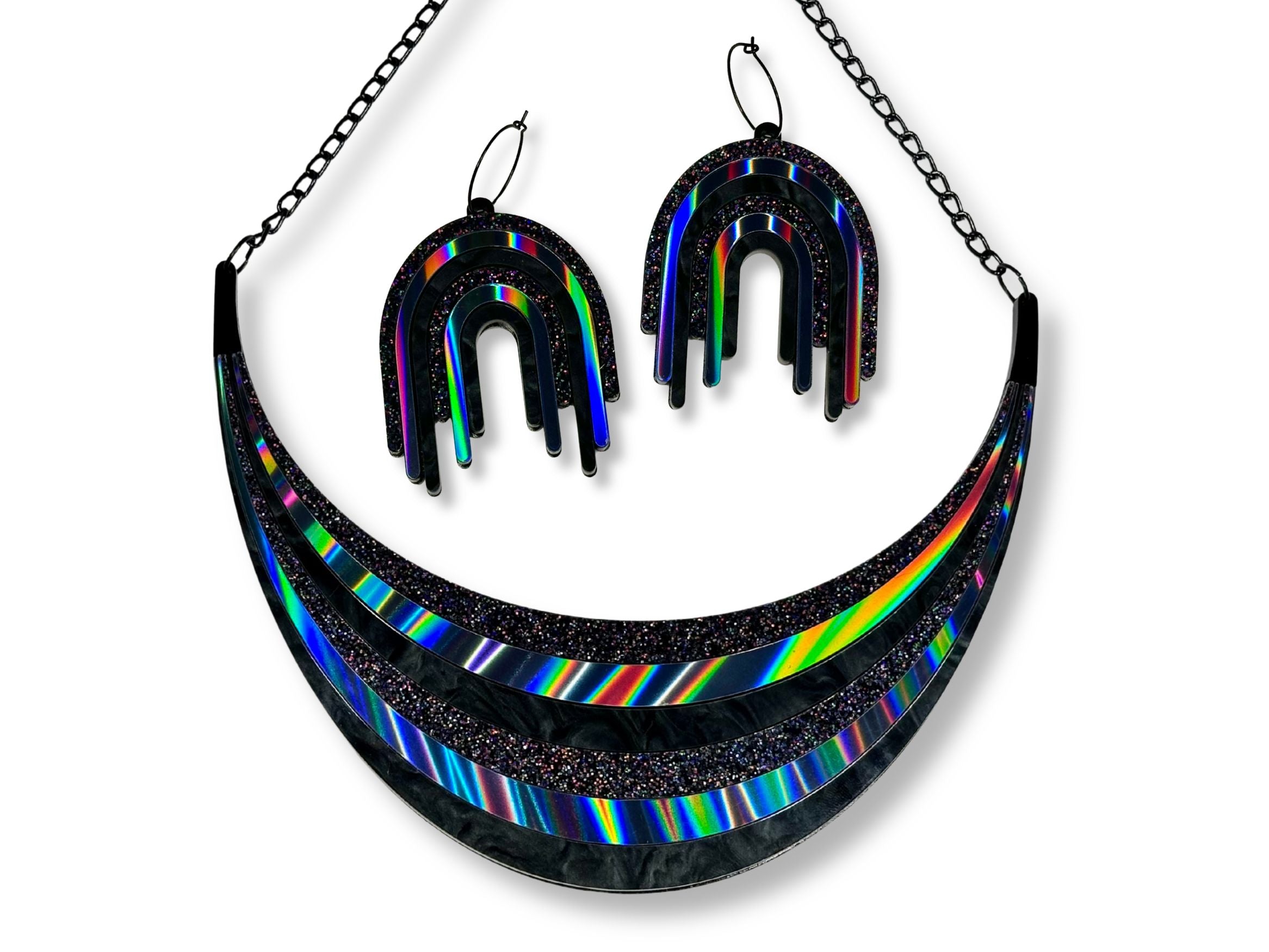Full Spectrum Rebel Set in Black Rainbow featuring matching arc necklace and drip earrings