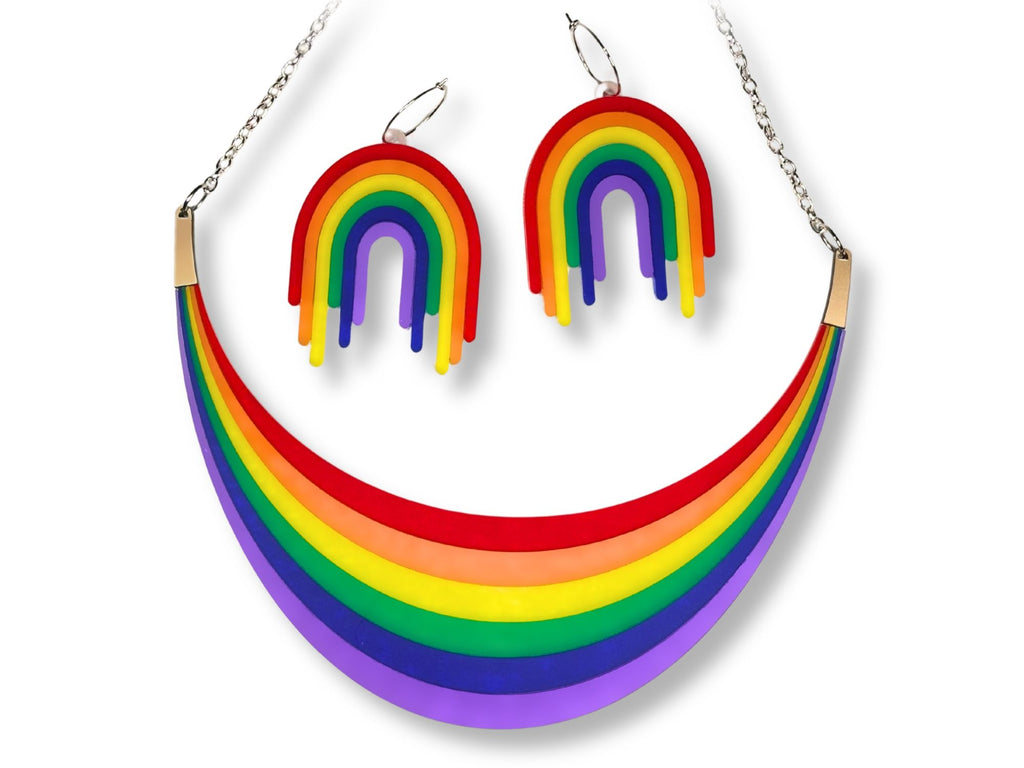 Full Spectrum Rebel Set in Electric Frost featuring rainbow arc necklace and matching drip earrings