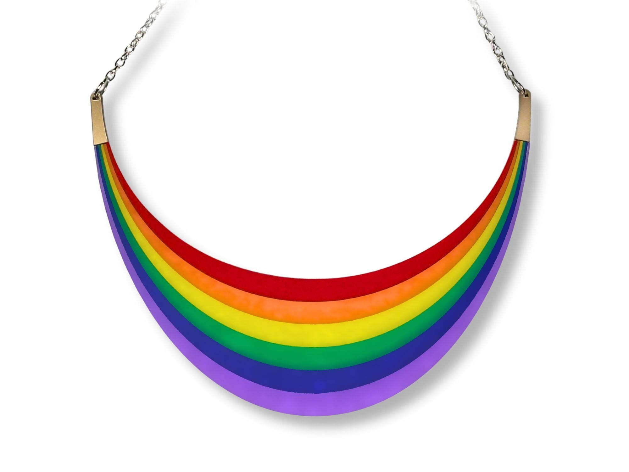 Full Spectrum Rebel Arc Statement Necklace in layered rainbow acrylic on white background