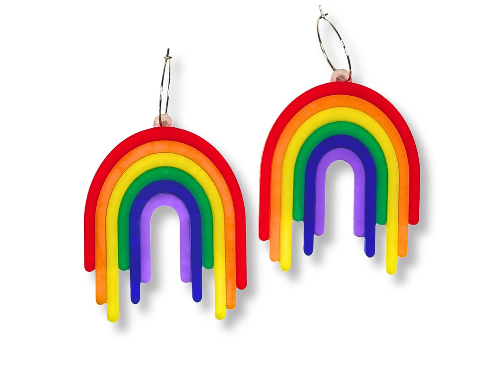 Full Spectrum Rebel Drip Earrings in layered rainbow acrylic on white background