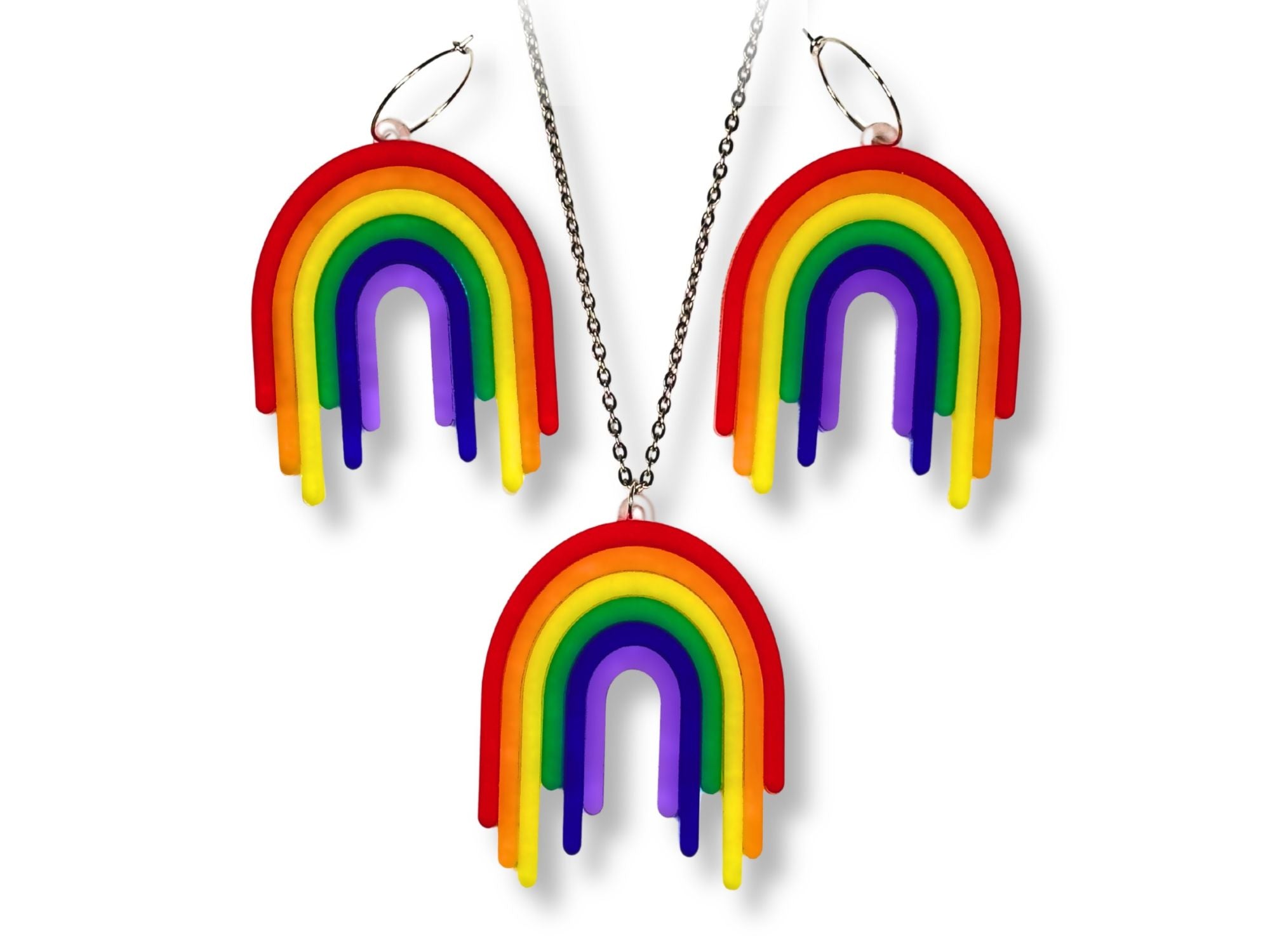 Full Spectrum Rebel Signal Set featuring matching rainbow drip earrings and pendant necklace