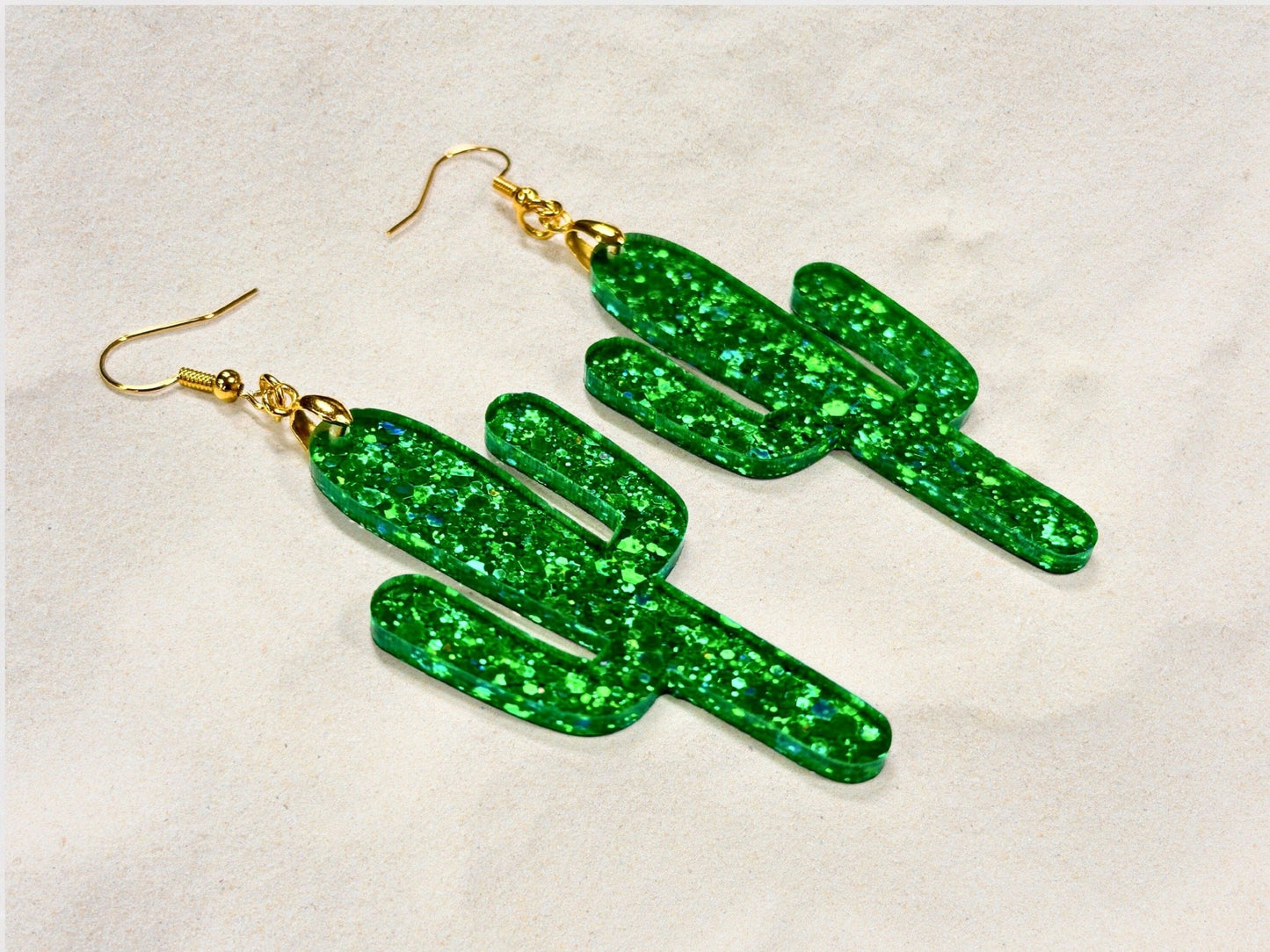 Emerald Glitter Cactus Earrings - Painted Raina