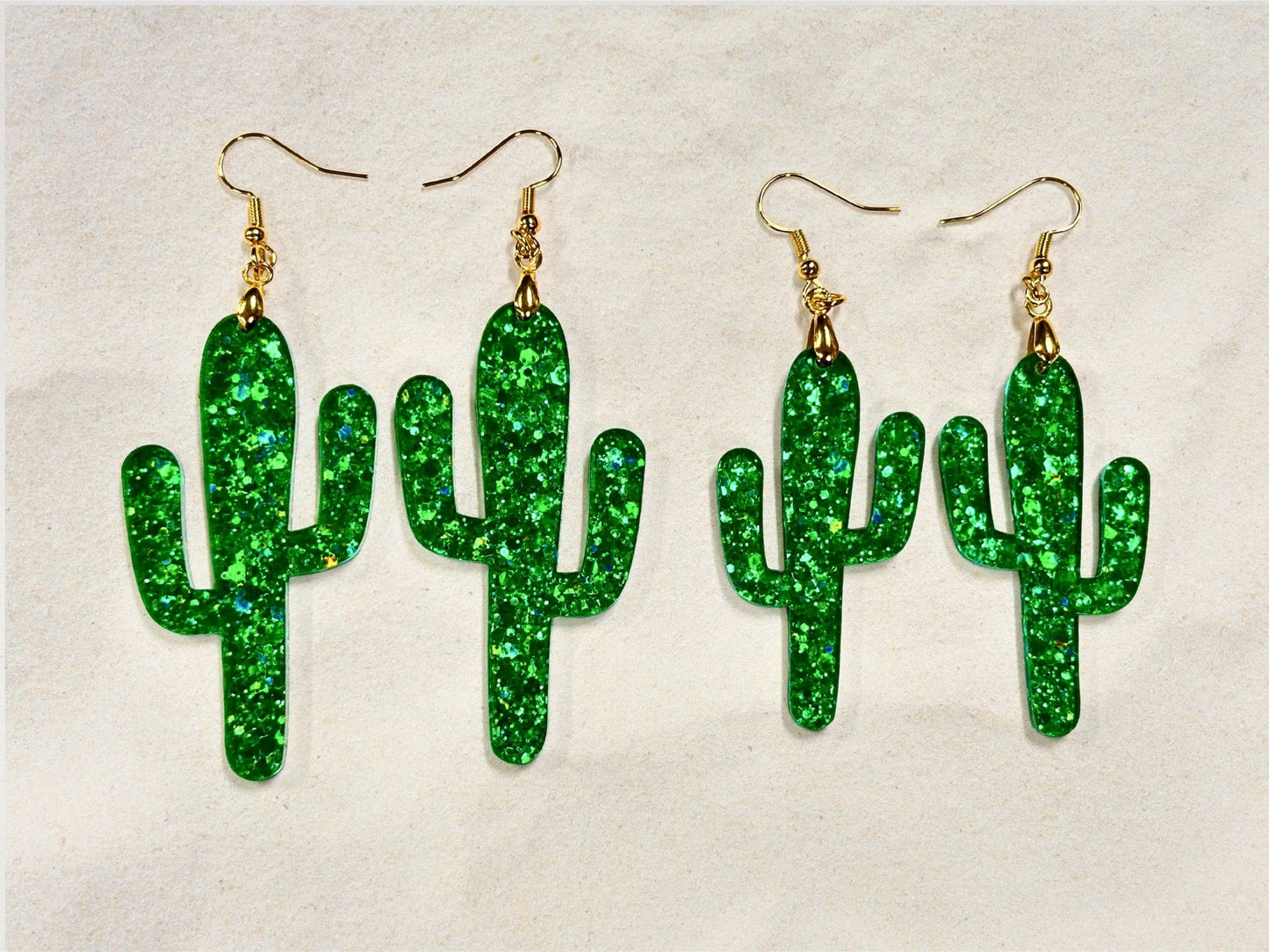 Emerald Glitter Cactus Earrings - Painted Raina