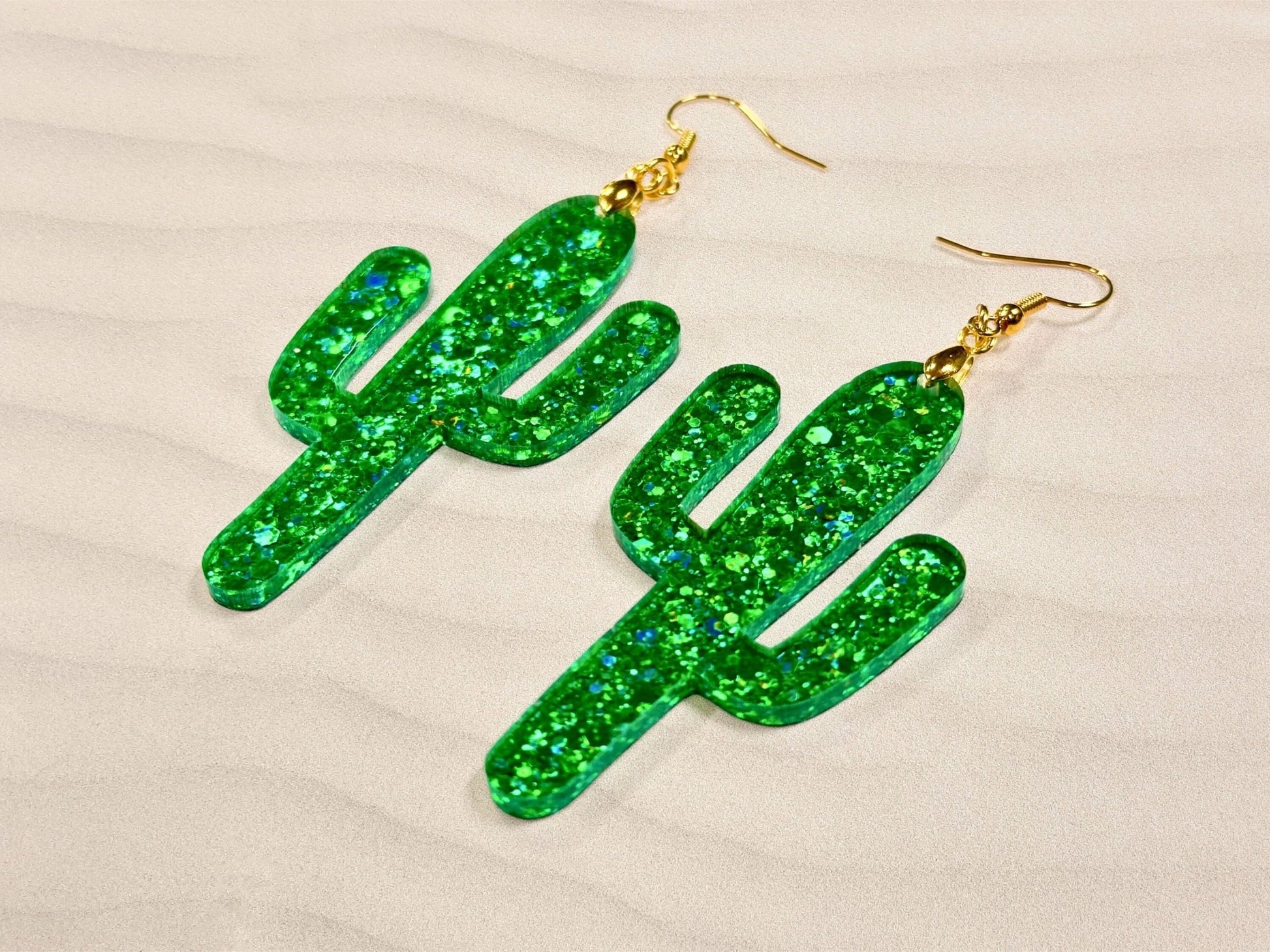 Emerald Glitter Cactus Earrings - Painted Raina