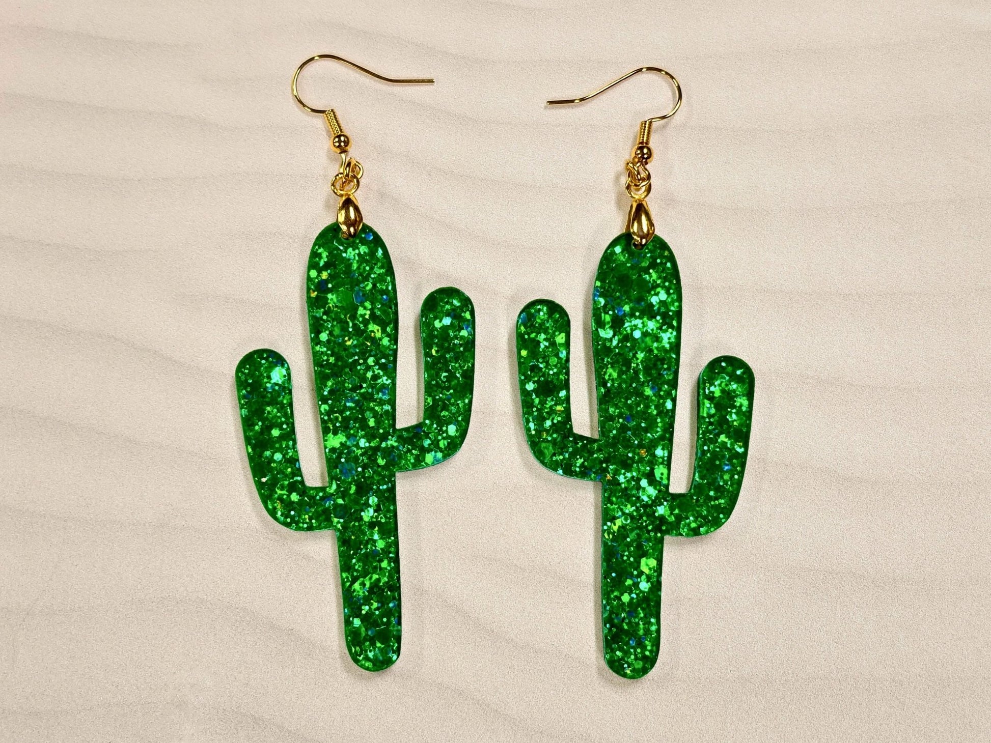 Emerald Glitter Cactus Earrings - Painted Raina