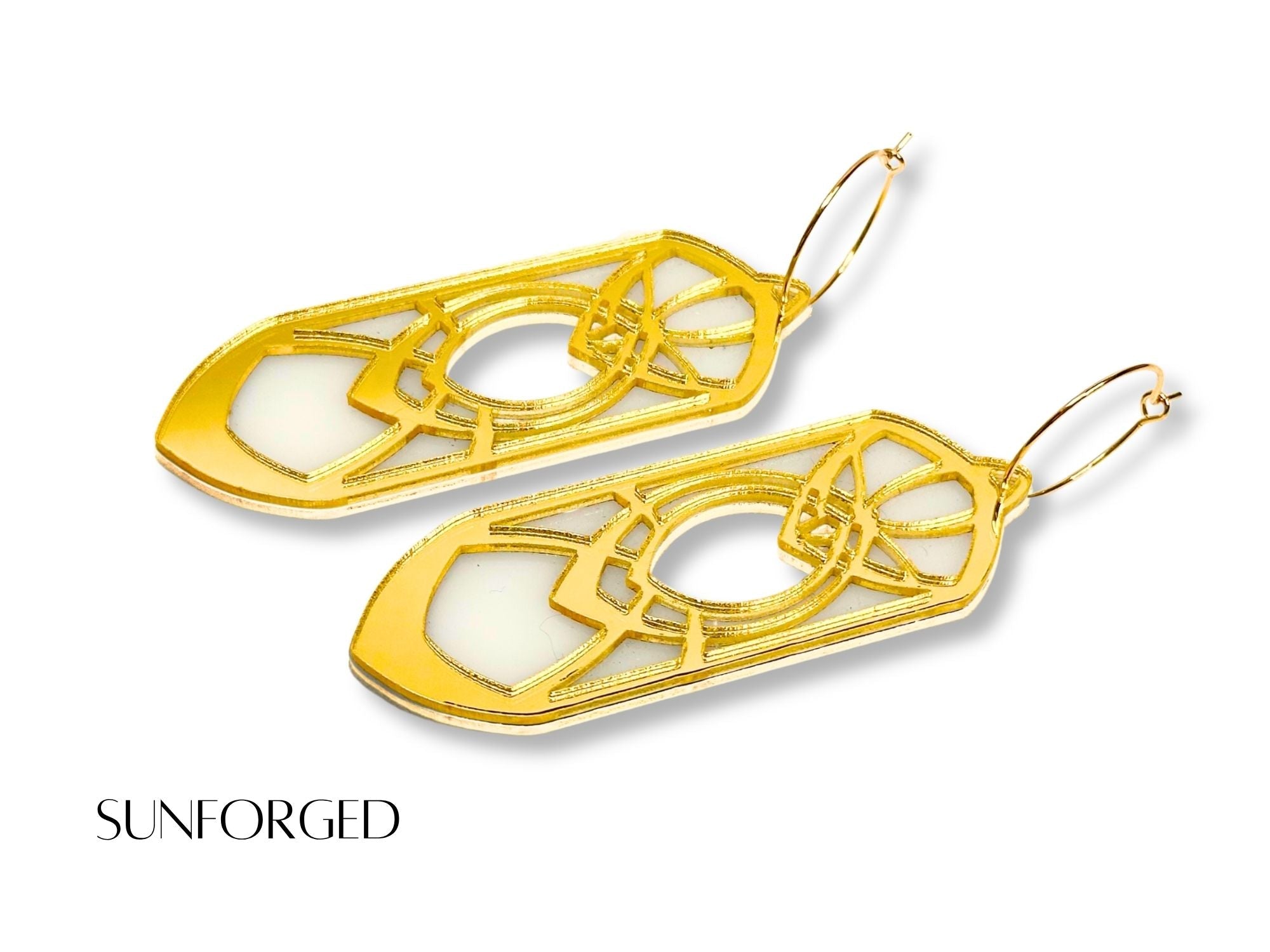 Gold mirror Sunforged Eowyn statement earrings on white background