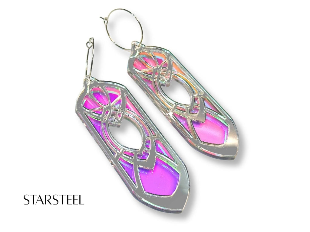 Silver mirror and pink iridescent Starsteel Eowyn earrings on white background