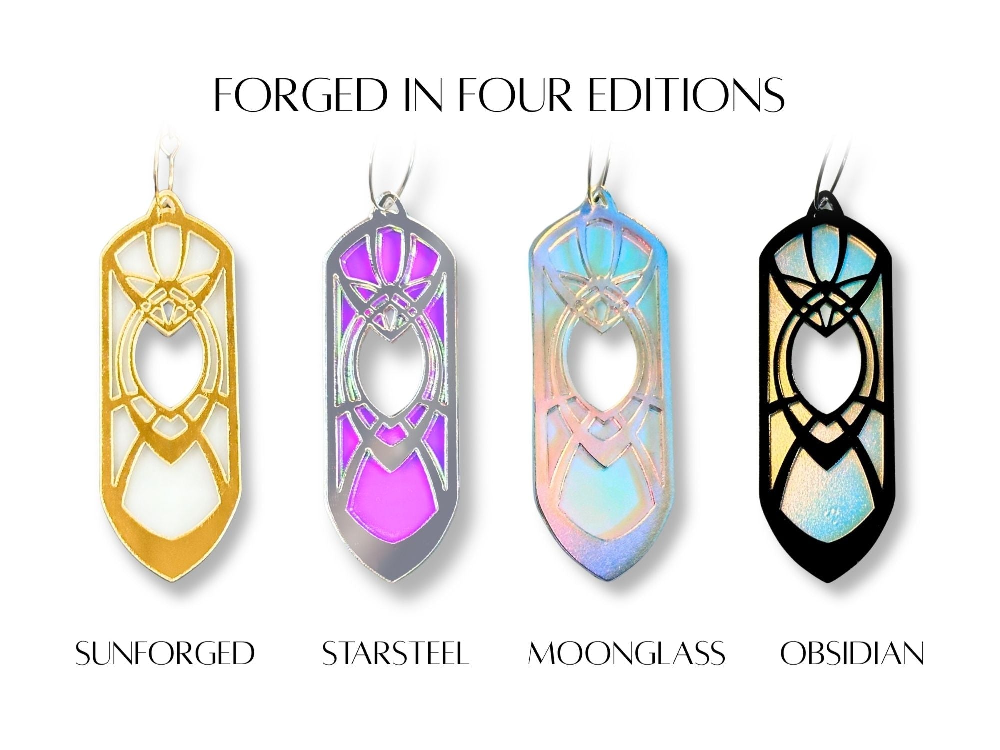 Four Eowyn earring colorways including Sunforged, Starsteel, Moonglass, and Obsidian editions