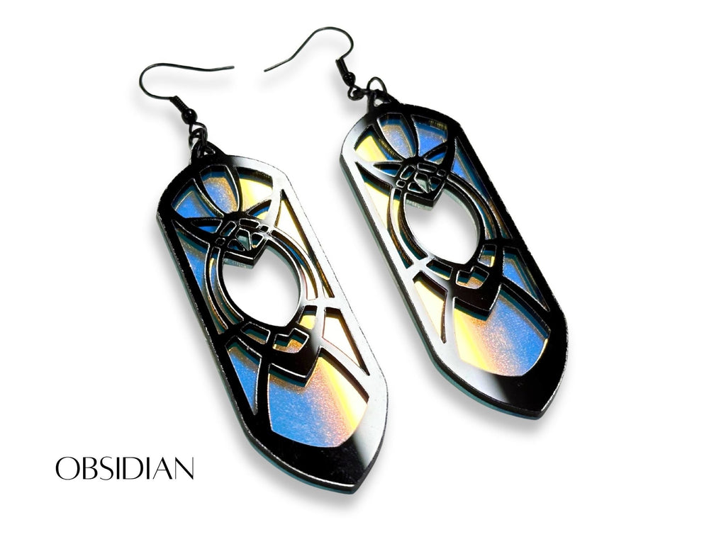 Black and frosted iridescent Obsidian Eowyn earrings on white background