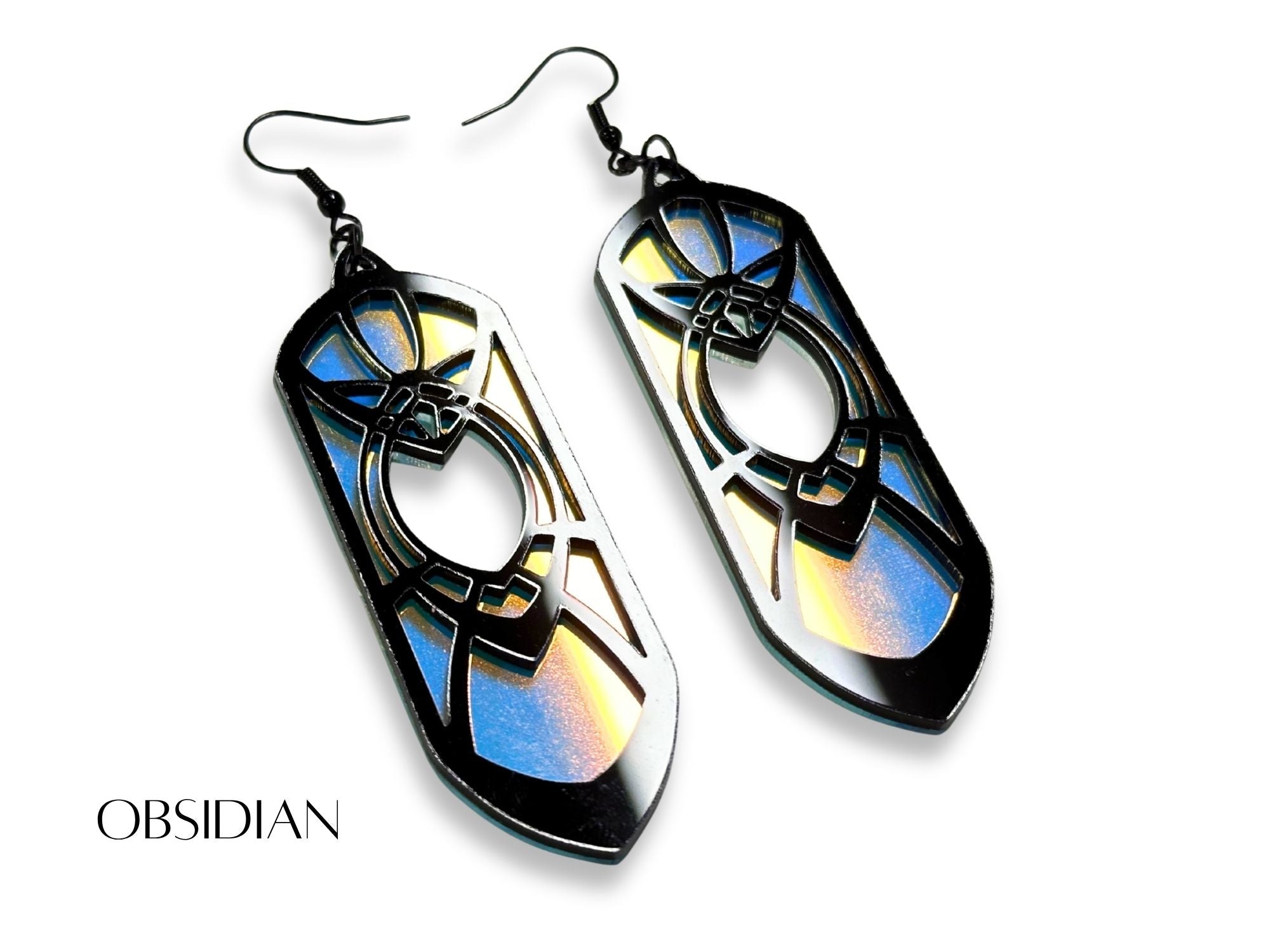Black and frosted iridescent Obsidian Eowyn earrings on white background