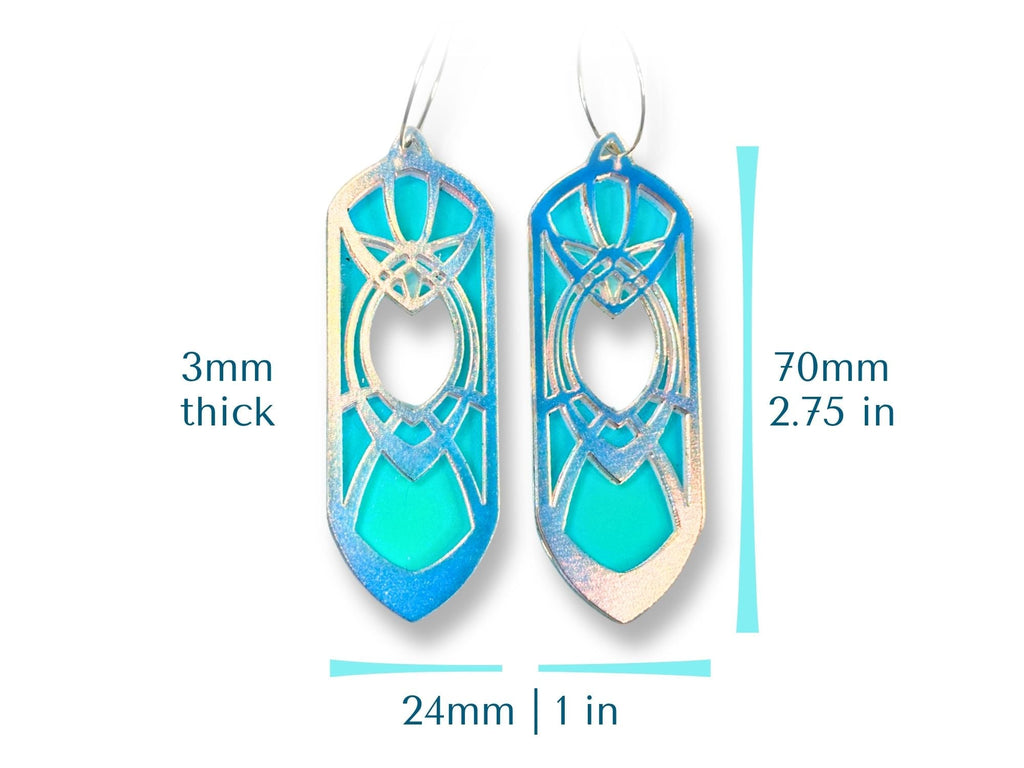 Eowyn earring size chart showing 70mm height and 24mm width dimensions