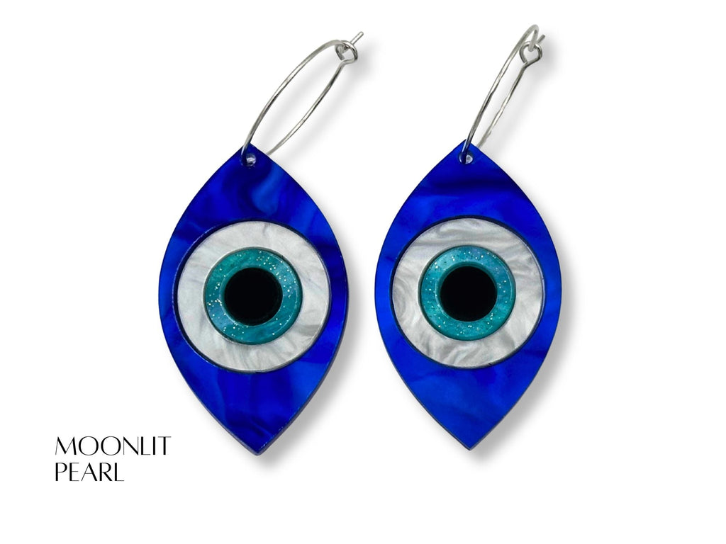 layered acrylic evil eye earrings dimensional design bold statement talisman jewelry blue white black